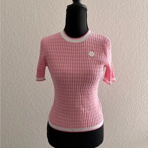 Maje Pink & White Checkered Elastic Knit Top | Chic Parisian Fitted Sweater
